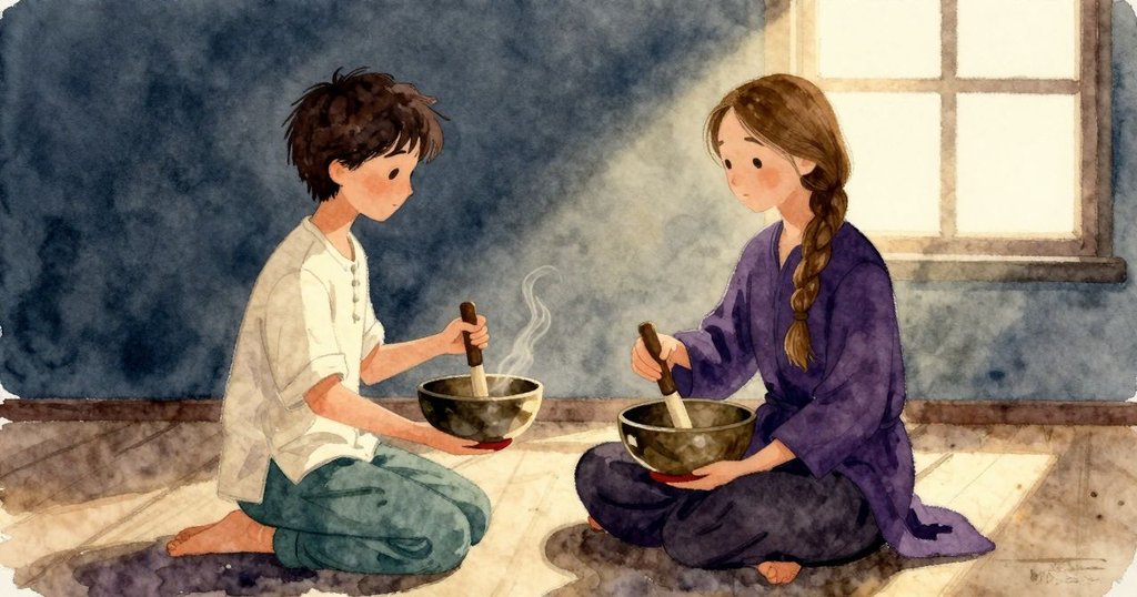 哈蒂敲擊大碗，兩個碗同時鳴響，慢節拍在室內來回，烏拉調整重心後恢復節奏。