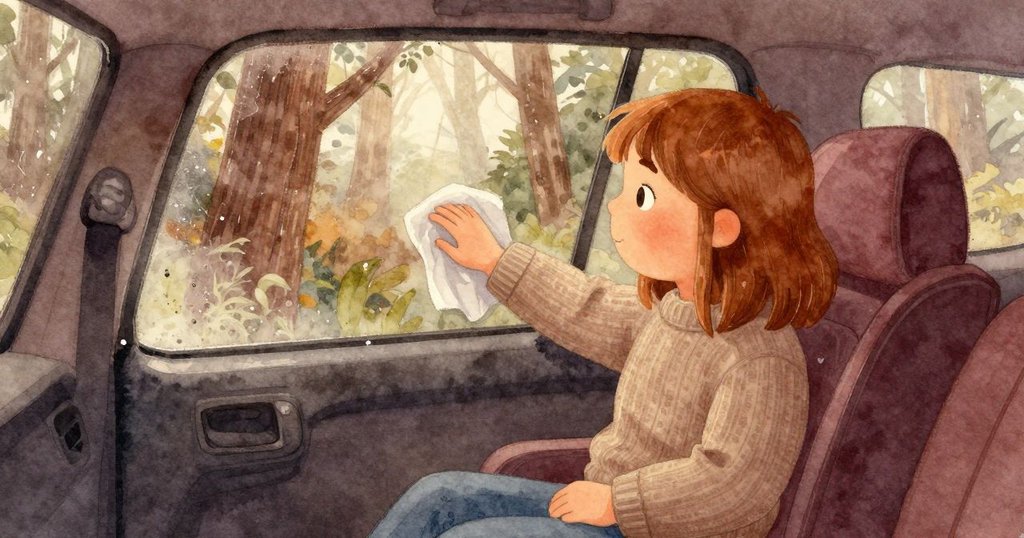 Phoebe 在車內以袖子擦霧化的玻璃,窗外雨林可見鳥鳴,表情專注且驚訝,場景持續展開