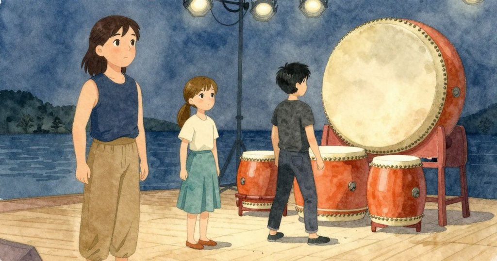 Orla 站在 大鼓 前 握著 棒子，Noemi 舉棒，Magnus 在旁，舞台 上 空的小鼓 架 可見，海濱 長廊 行人 成雙 經過，開始，專注