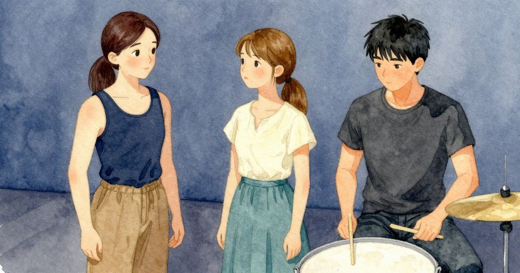 Orla 的 大鼓 皮 上 殘留 淺色 粉圈，棒子 放在 桶邊，舞台 中心 細節 顯示 發展，沉思