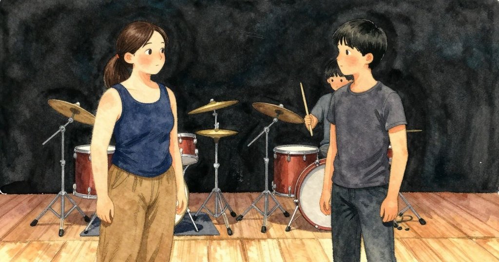 Magnus 傾頭 說 回音 很快，Orla 緊握 棒子，站在 中鼓 與 大鼓 之間，舞台 木地板 可見，發展，疑惑