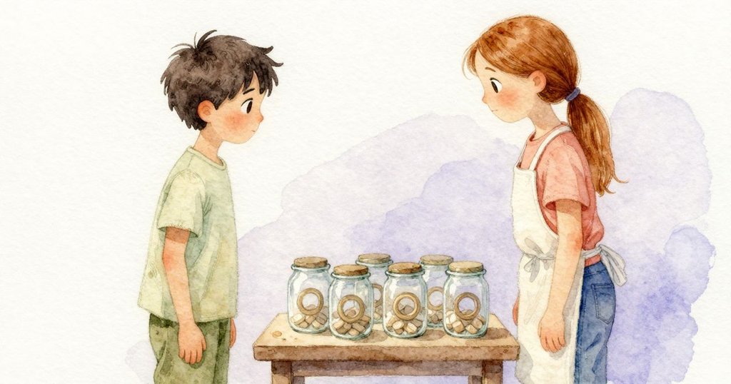 Opal靠近桌邊，罐子特寫顯示乾痕與溼珠，場景描寫準備細節，發展階段的觀察與注意