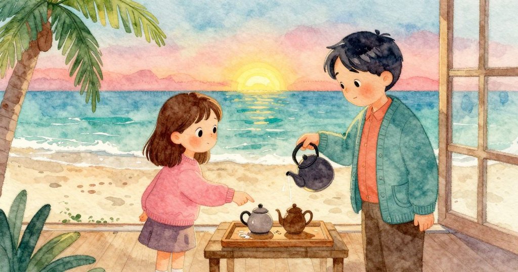 Lena 指著托盤上的濕圈，Tatiana 在窗邊倒茶，兩人好奇地看著擴散的痕跡，故事開端。
