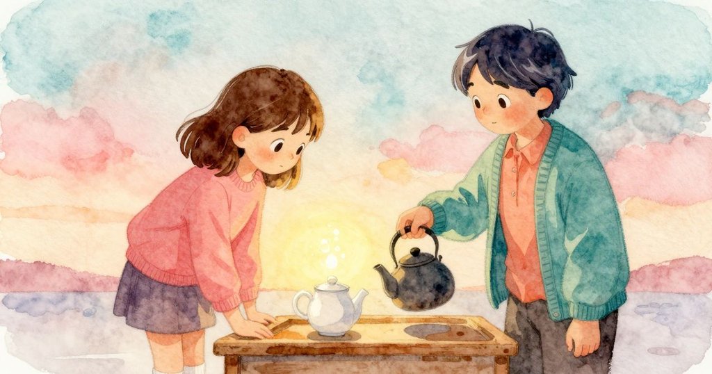 Tatiana 放下水壺，Lena 靠近看著茶色由琥珀轉深棕，兩人專注，好奇心加深（發展）。
