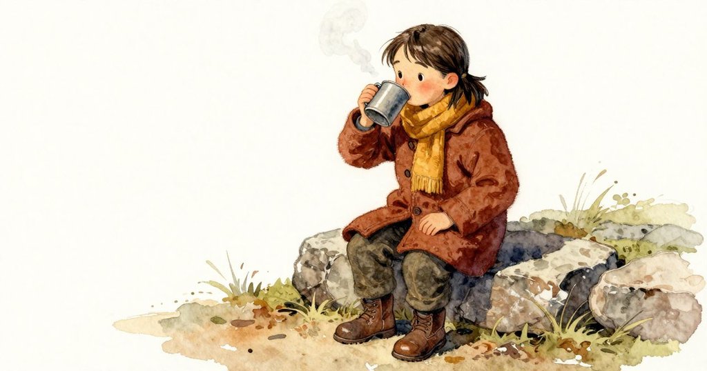 Faye抬杯啜飲，因錫味微微皺眉，坐在岸邊，表情略帶不適與好奇，場景向內展開。