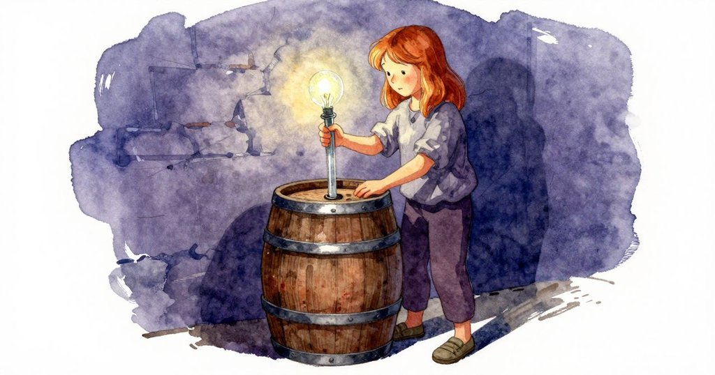 Fiona將玻璃管插入橡木酒桶,Everett後退注視管中液流,地窖內專注的動作推進事件