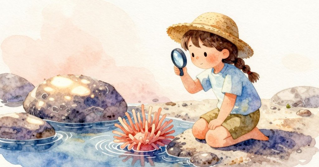 Poppy跪在潮池邊用手鏡觀察海葵,陽光下專注好奇,開場展示海岸與潮池生物
