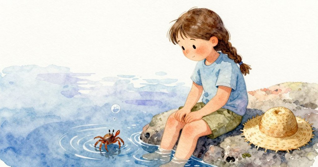 Poppy坐在潮池邊注視寄居蟹慢慢前移,單個氣泡上升,魚群鑽入縫隙,解決階段的安靜觀察