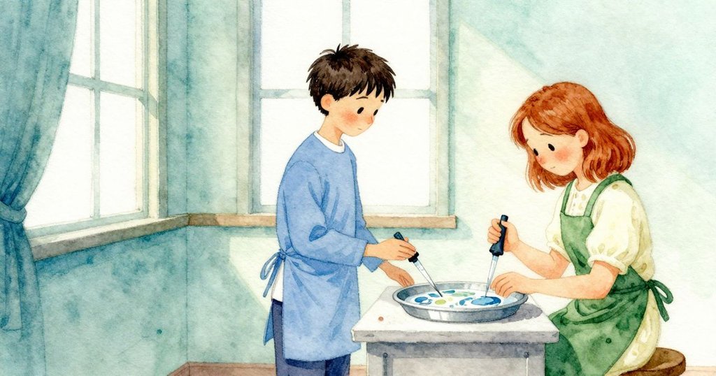 Declan 站在 工作室 靜止 按順序 排列 吸管 窗光 橫過 托盤 表情 專注 開始 儀式