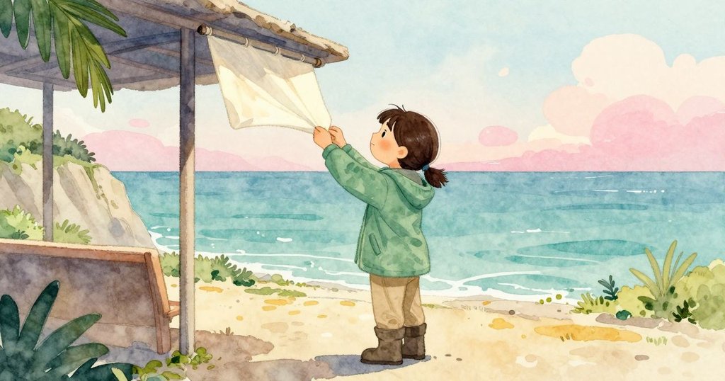 Sylvie 在帳篷下翻起螢幕遮罩，凝視對齊的邊緣，懸崖與海鷗為背景，表情專注帶些不安。