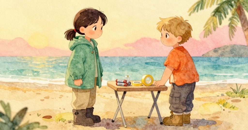 桌上特寫對焦在黃澤膠帶與電池，背景可見合上的遮罩與 Sylvie 在帳篷邊折疊遮罩，神情放鬆。