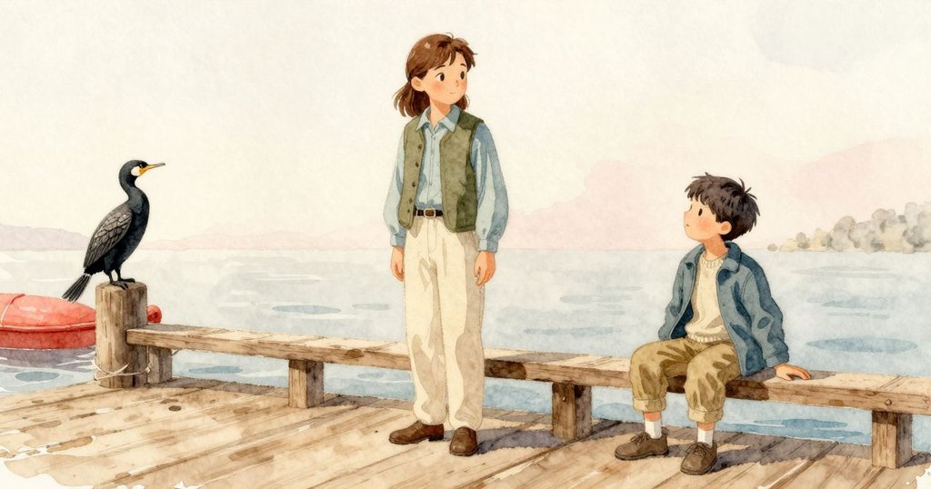 Marnie握住釣竿在碼頭，Kent坐在板間，鸕鶿出現並潛下，兩人專注觀察，故事由此開始