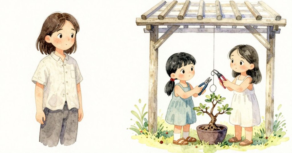 Kaya遞剪線鉗給Olwen，Olwen在盆景邊專注檢查並用轉動手勢解開，情節持續發展解法探求。