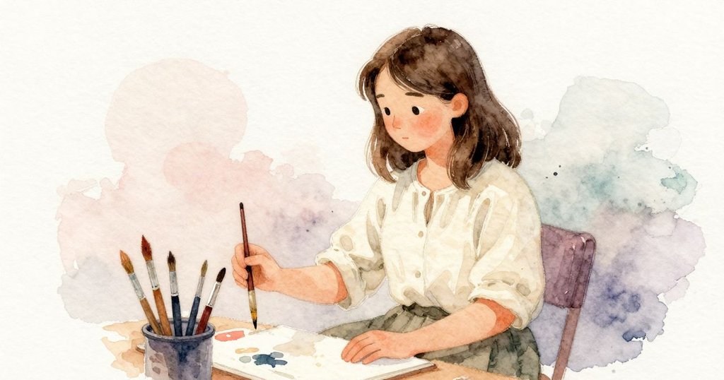 Halle 提起中號毛筆 坐在桌邊 笔毛成尖 Oswin 在後方觀察 進展 持續專注