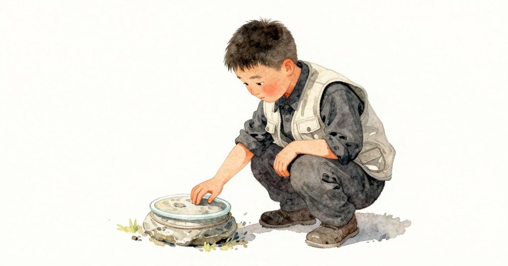 Alden 蹲著用小鏟輕敲石面,對比光滑殼邊和粗糙岩層,臉上表情好奇。