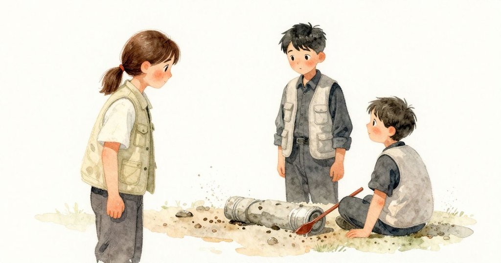 灰塵旋起、碎片滾動,Alden 將鑿子放在兩指上,兩人停下傾聽,帶有期待與審慎。