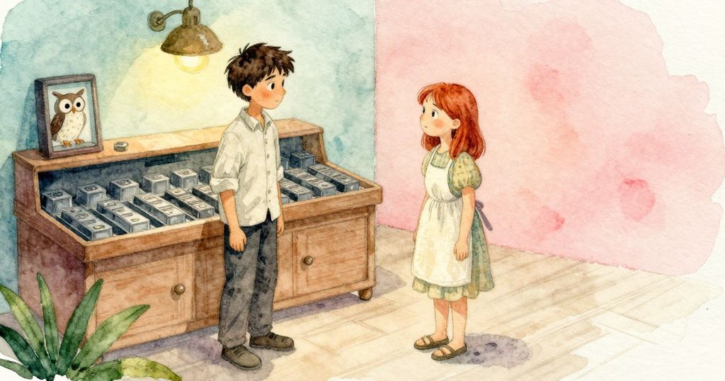 Colette 在燈邊俯視木製鉛字盒，仔細觀察，工作臺有貓頭鷹鎮紙和掛著的圍裙，場景進展為準備階段。