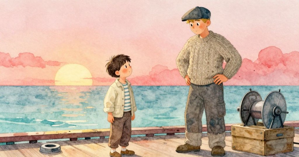 Basil回到船上輕屈膝站穩，風桿橫跨木箱，Glen說「Good light for it」，水線顯示任務完成與平靜結尾。