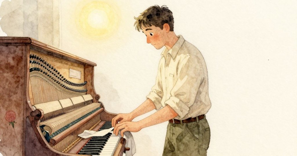 Niall 在 琴中 間 部位 穩坐 以 布條 夾入 弦列 ， 發展 ， 專注 而 有條理 ， Orla 在 旁 觀察