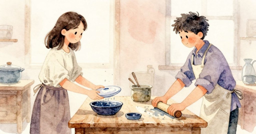 Idris 問她是否準備好，把清板放在毛巾上，Viola 在工作台滾墨回應，他們合作專注