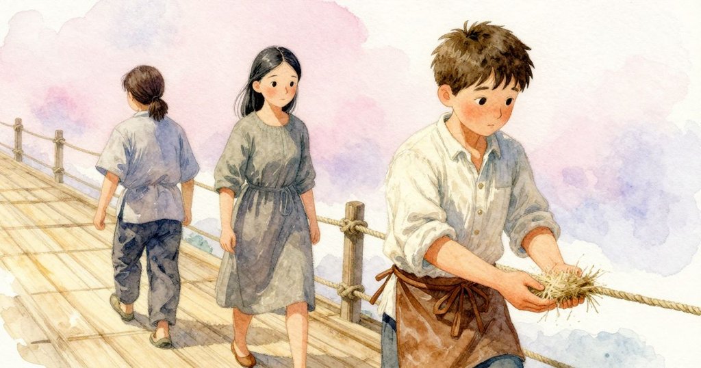 Archie 手掌捧著纖維束後退,袖口有油痕,Janet 在旁保持穩定,正午的平行光結束工作並帶來釋放。
