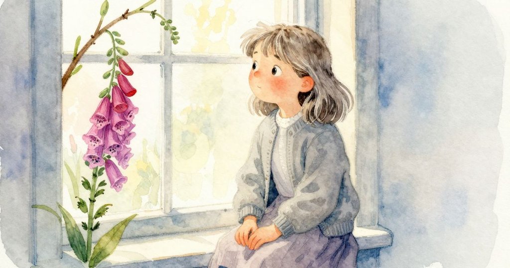 Zelma站在窗邊輕觸窗簾繩，看外面刷過玻璃的枝條和指向植物，表情關注，氣氛轉向外景
