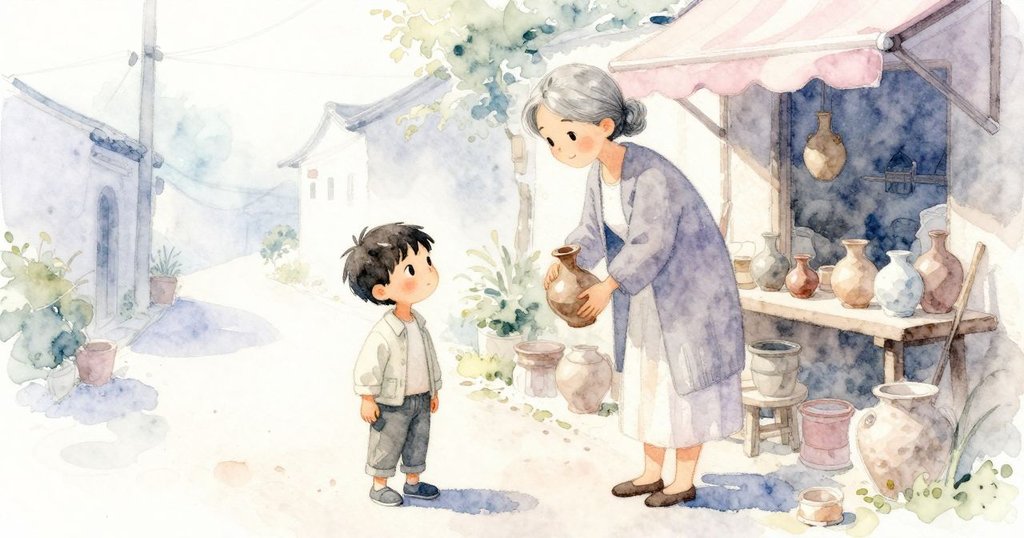 開場:Niles 與 Glynis 在畫布屋頂的巷子陶器攤,Glynis 傾斜花瓶,兩人專注且安靜。