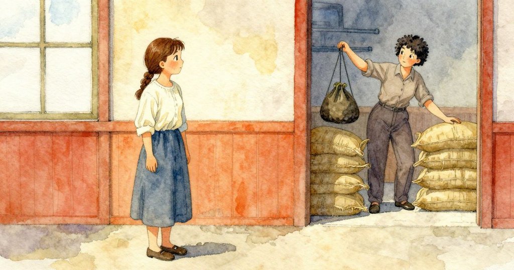 結尾:Ada 把最後一袋舉到秤上,Nadine 在門邊堆好成品,貓踩過麵粉留爪印,緊張又專注。