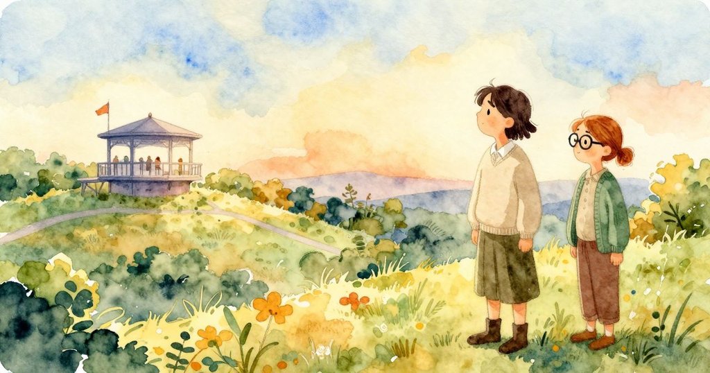 Harriet 與 Cora 在遠景觀測台持續觀察旗幟與風向，經過等待與記錄，最後專注完成精確筆記並收尾。