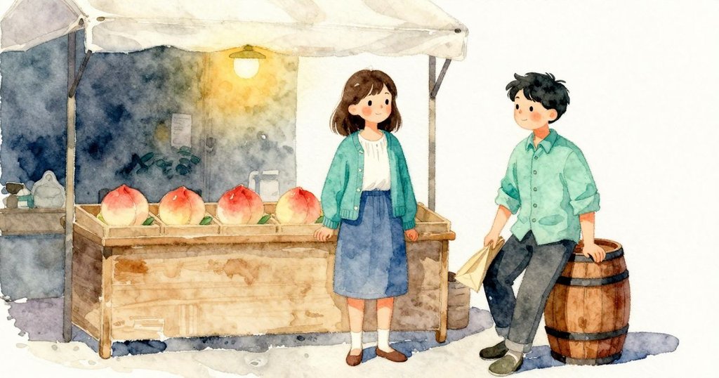 開場 Oona伸手越過前排去拿陰影處的桃子，Kellan在秤旁膝靠小桶等候，攤位展示四顆桃子，神情專注。