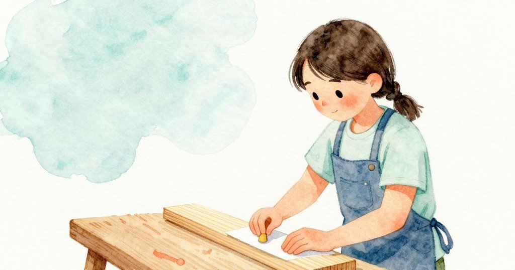 Nadia以正面站姿沿木紋打磨,手掌貼著泡棉背,工作台有松木粉,專注的打磨發展
