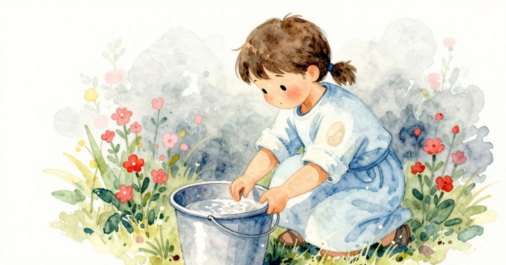 Nell傾頭在水桶邊畫小方格,注意桶上灰色迷宮紋理,鳥停在欄杆上,事情進展中。