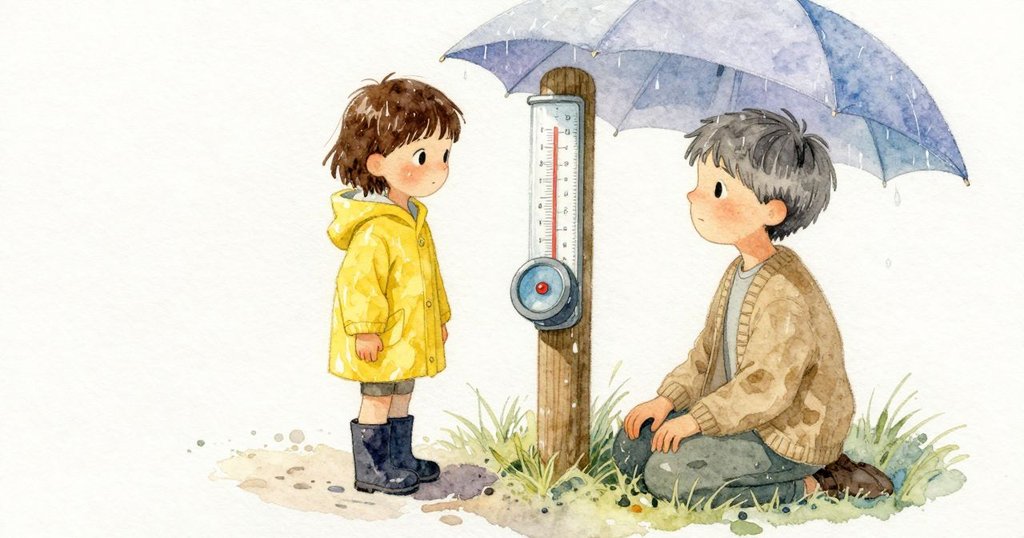 Kellan 近距離觀察雨量筒刻度，水面在刻度處停住並短暫上升，高潮時刻顯示驚訝的量測變化。