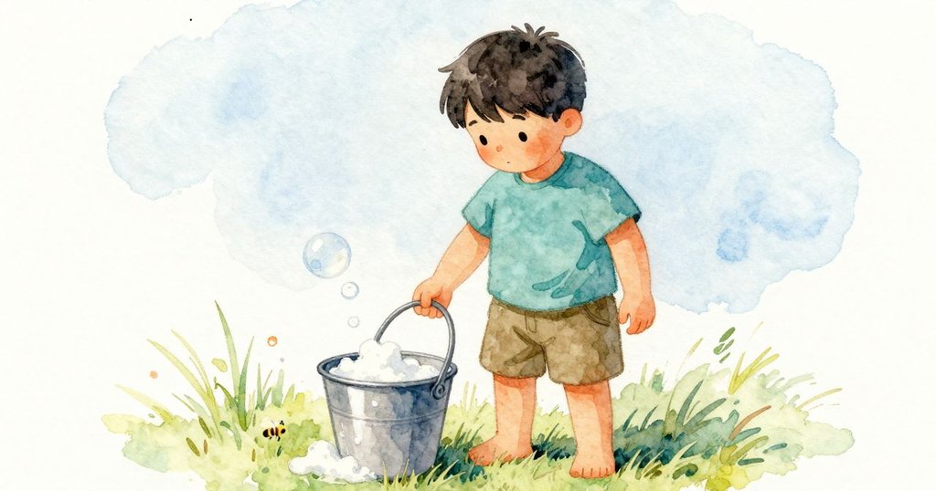 Oren 將圈緣靠在水桶邊，圈緣輕敲發響，花園中泡沫破裂後寧靜，他表情專注。