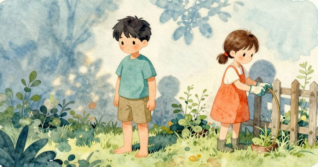 Oren 再次深蘸並將圈緩靠在籬笆，薄膜穩住，Nina 在花床用鏟子整理，兩人平靜滿足結束。