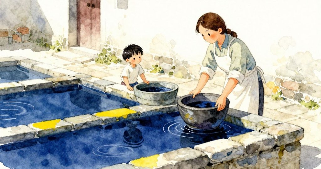 Ian整理衣夾，Freya在洗衣槽旁擺石臼，庭院準備染布，兩人專注開始工作。