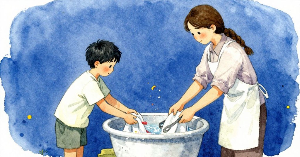 Ian取起濕布，小青蛙滑入盆，Freya用夾子拾起花瓣並放在板上，兩人安心收尾整理染布。