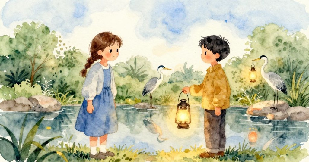 在映照池邊,克拉拉舉燈避開魚形燈籠,蒼鷺立於石上,她驚訝而穩定,情節進入緊張高潮