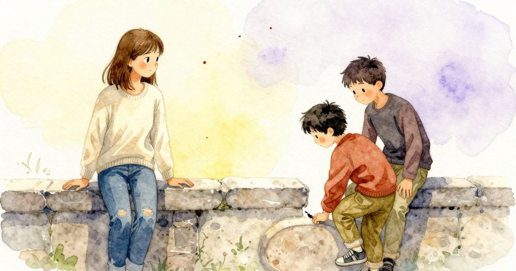 Remy半步踏上踏面笑著說『聽到回聲嗎』，Corinne靠近縫隙驚喜，觀景台上色彩溫暖，情節達到高潮。