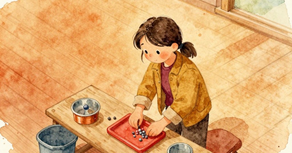開端:Dana在露台工作檯俯視紅塑料、棉線與木珠,專注準備,工具排列在角落,表情認真。