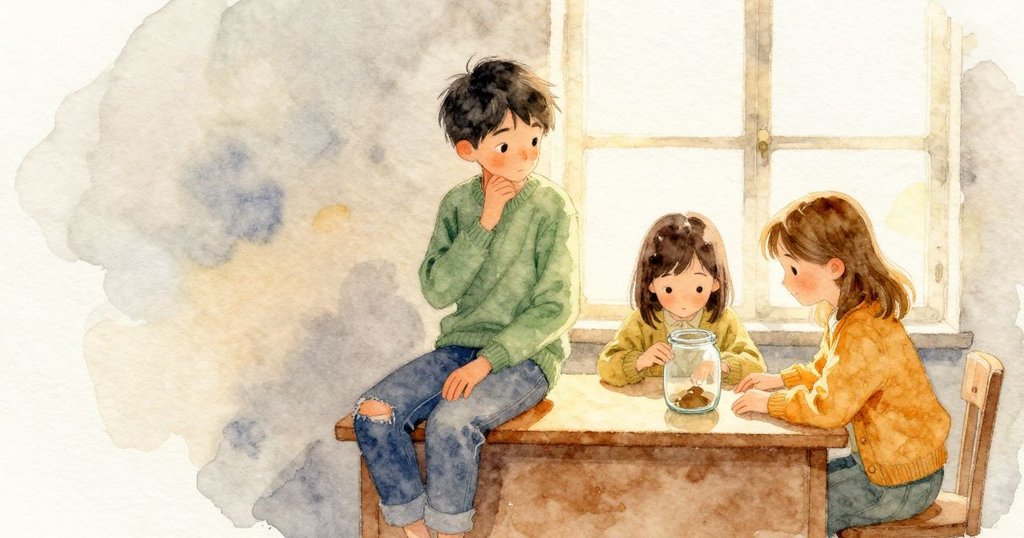Arlo 靠近書桌上的玻璃罐好奇地觀察，Phoebe 在桌邊標記筆記本，場景從開頭的觀察開始，表情集中。