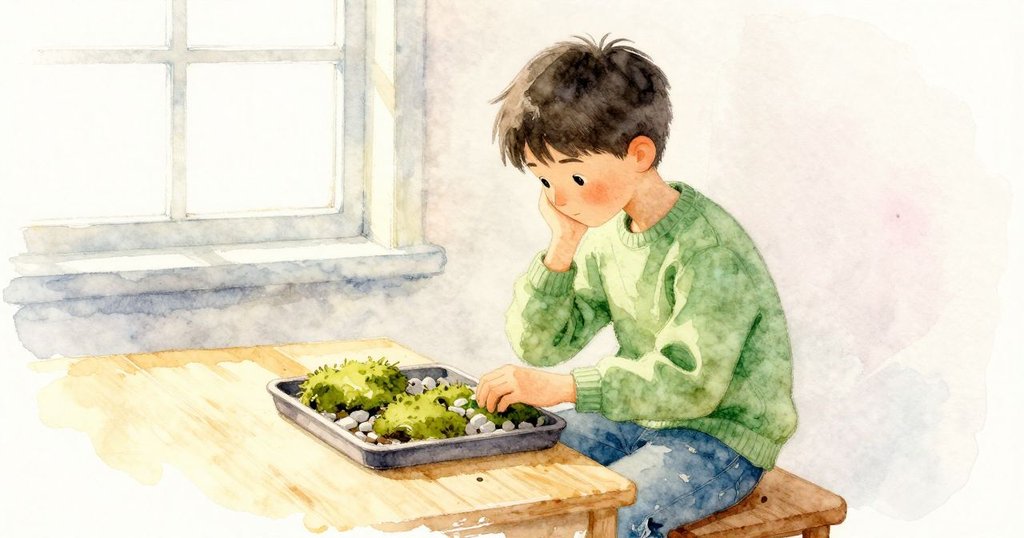Arlo 坐在桌前檢視材料盤，放大鏡顯示苔蘚葉尖，動作專注，場景進展為準備與觀察。