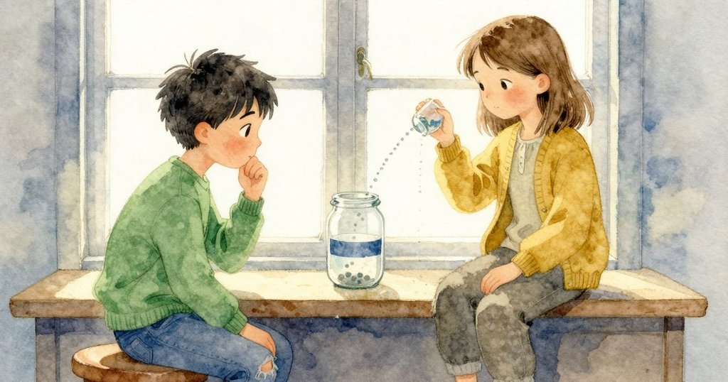 Arlo 噴霧後半轉玻璃罐觀看水珠沿清晰條紋滑落，Phoebe 在一旁翻頁，情緒帶有專注與觀察。
