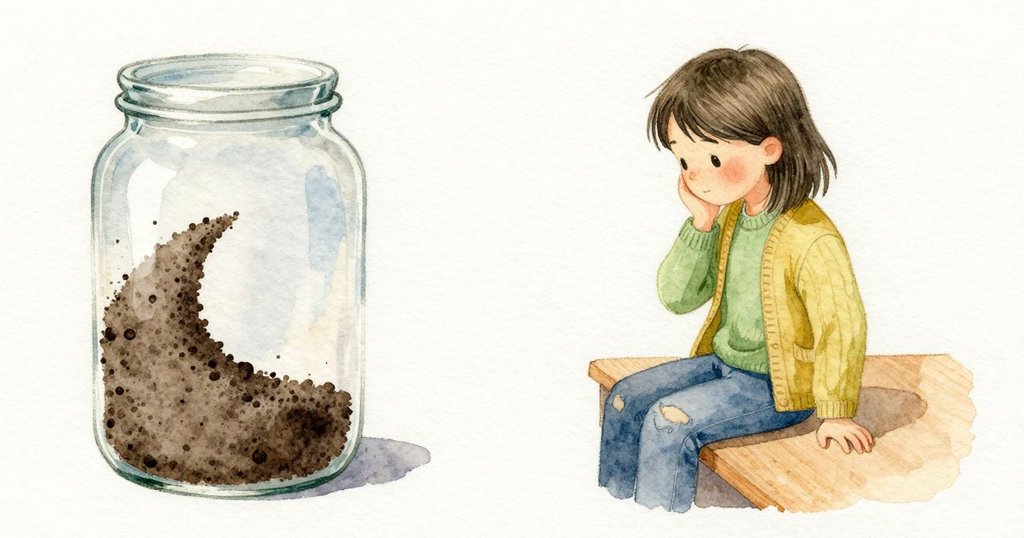Arlo 在玻璃罐土面上留下一道細月牙痕跡，場景為整理完成的解決時刻，情緒平靜且專注。