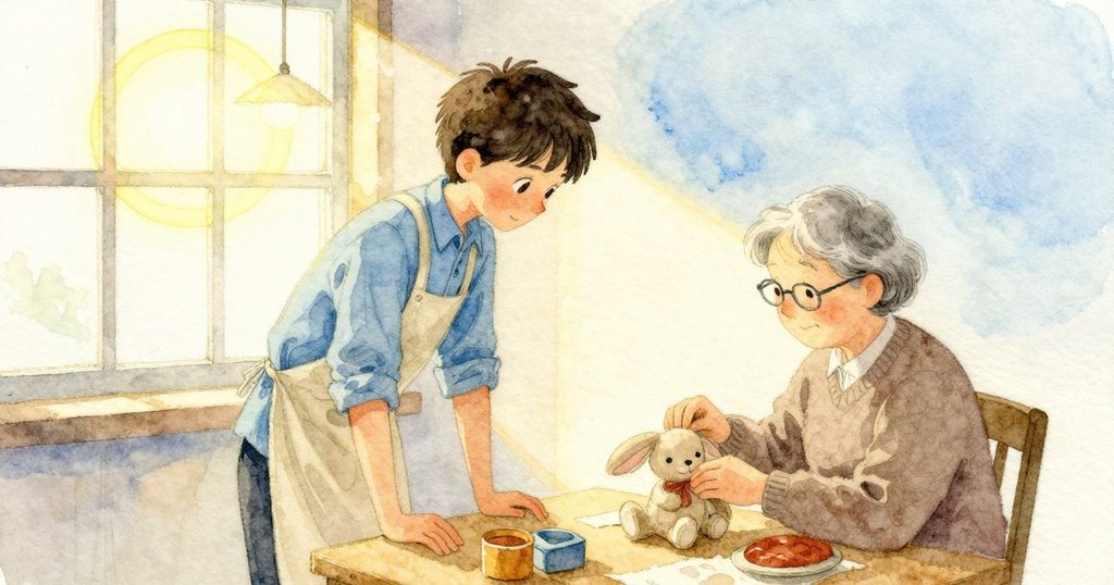 Bram 在窗邊工作台專心查看鬆線,祖父在旁分類鈕扣,工作室早晨開始,表情專注平靜。