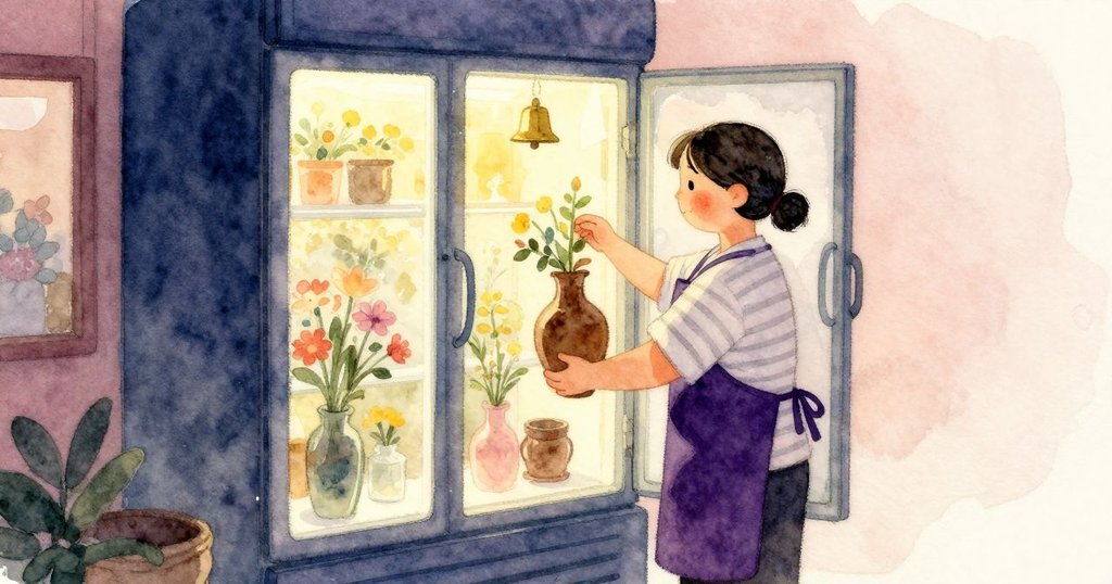 Florist拿著花瓶關上冷藏門，冷風減弱，展示窗霧漸淡，Sam在旁鬆口氣，衝突達到高潮並開始化解。