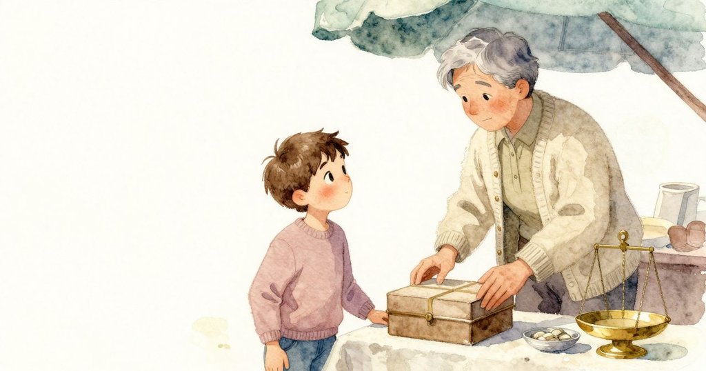 祖父母把塑膠箱放在秤旁,市場攤位,耐心等待,發展。