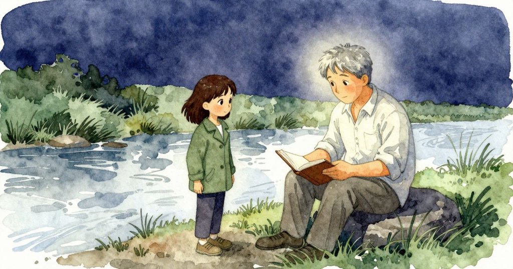 Mae站在河邊面向水，父親坐在石頭上讀書，學校在坡上，場景開端帶著專注與寧靜。