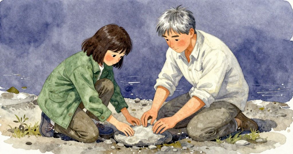 Mae跪在岸邊按平石做基底，測試第二層，面容專注，場景發展中父親在旁靜觀。
