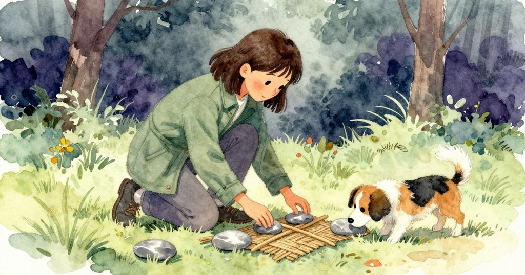 Mae繼續交叉平放石片，跪姿穩定補上一片薄橢圓，狗在旁嗅聞，衝突逐漸解決轉為安定。